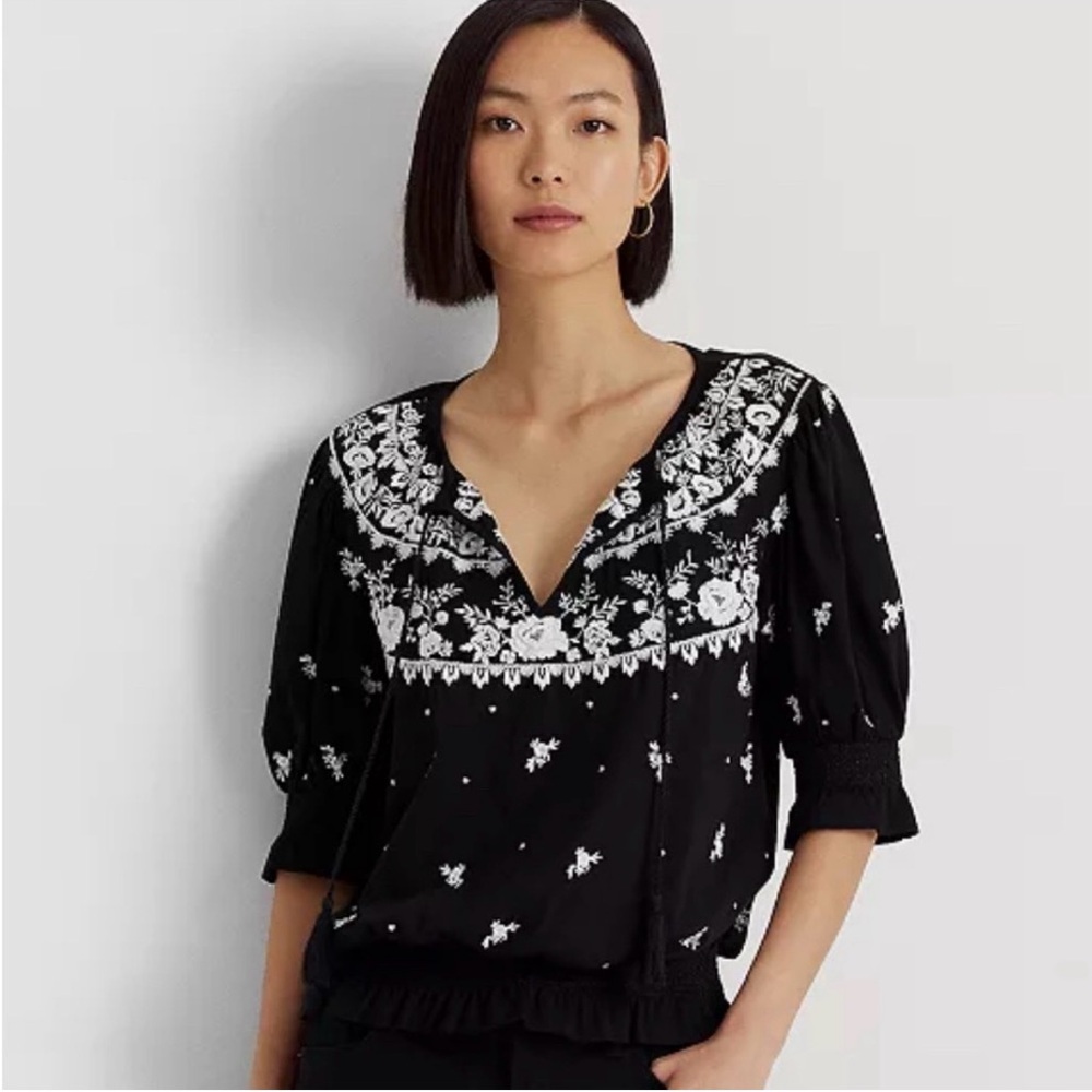 Ralph Lauren Black and White Embroidered Top with Floral design
